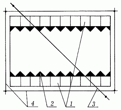 Рис. 89. Облицовка стены по диагонали: 1 – прямой верхний ряд; 2 – треугольные